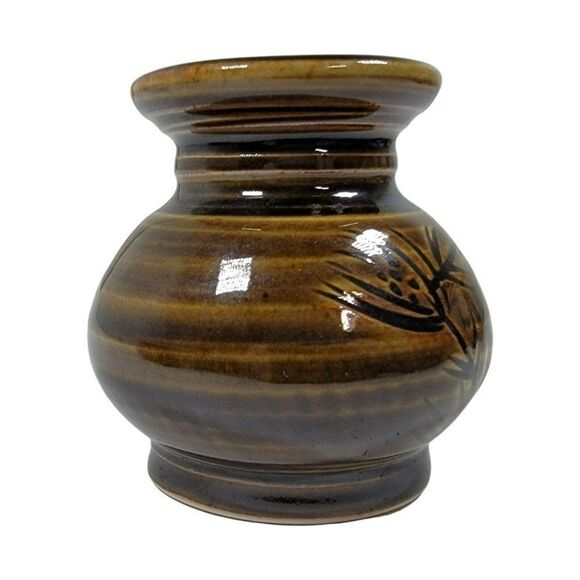 Vintage 3.5 Louis Mideke Brown Studio Pottery Bud Vase Leaf Tree High Gloss MCM - Picture 4 of 8